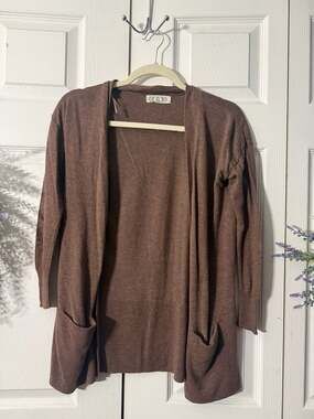 Pink Rose Brown Open Front Cardigan with Pockets